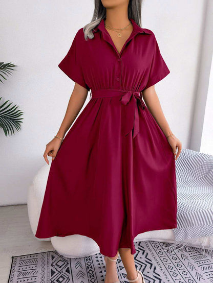 Short Sleeve Collared Tie Belt Dress - Vesteeto