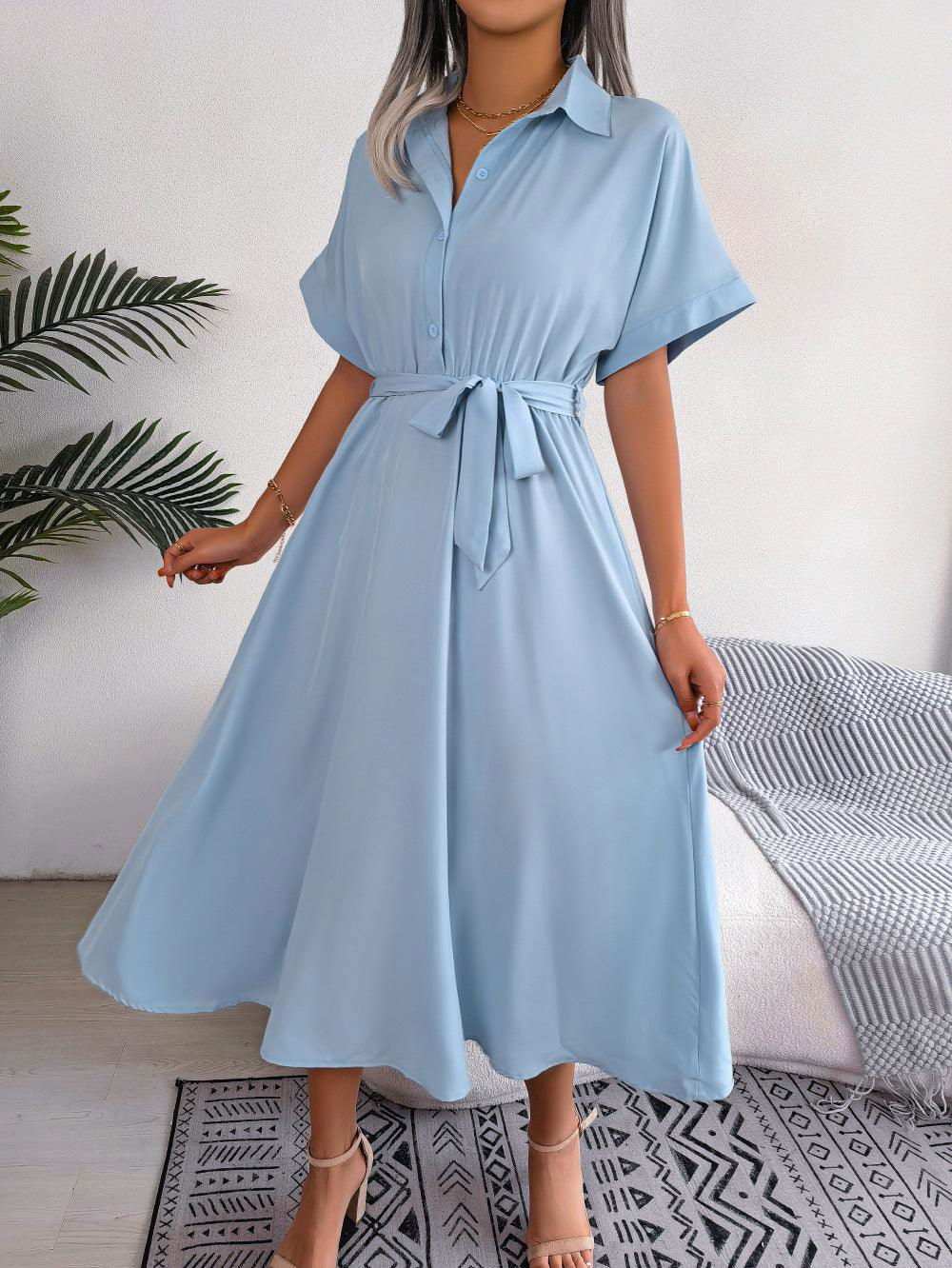 Short Sleeve Collared Tie Belt Dress - Vesteeto