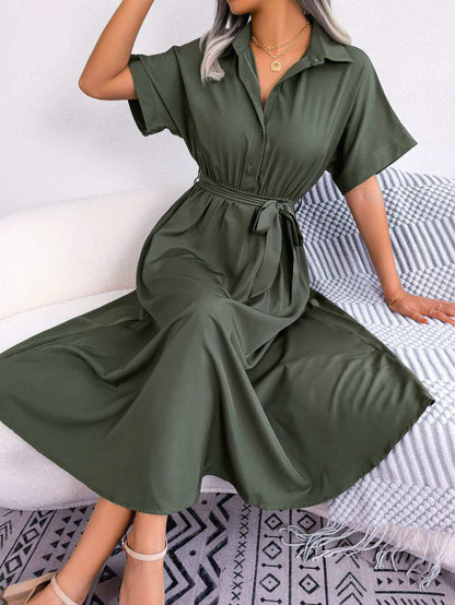 Short Sleeve Collared Tie Belt Dress - Vesteeto