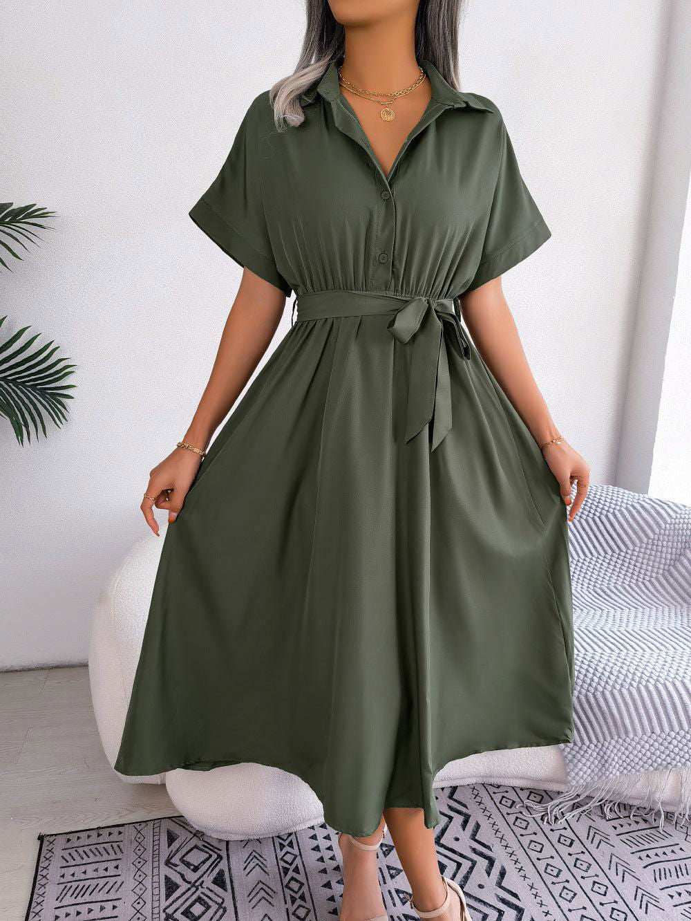 Short Sleeve Collared Tie Belt Dress - Vesteeto