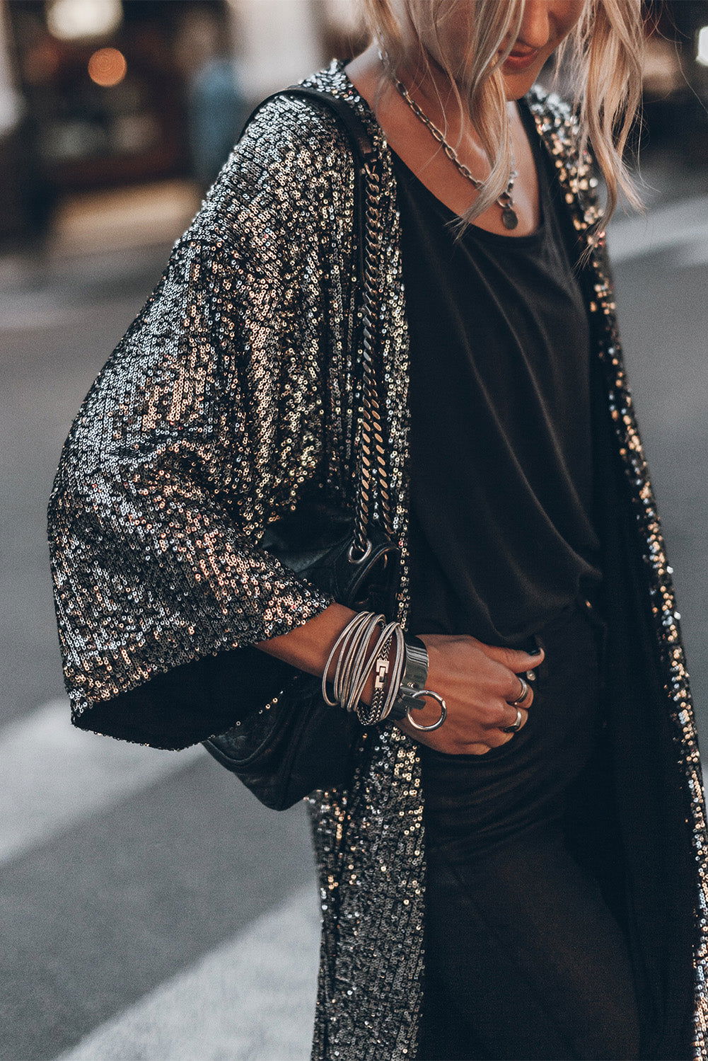 Silver Sequin Bracelet Sleeve Open Front Long Cardigan - Vesteeto