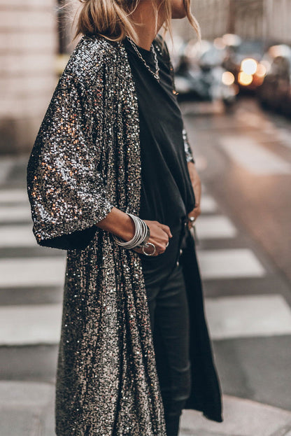 Silver Sequin Bracelet Sleeve Open Front Long Cardigan - Vesteeto