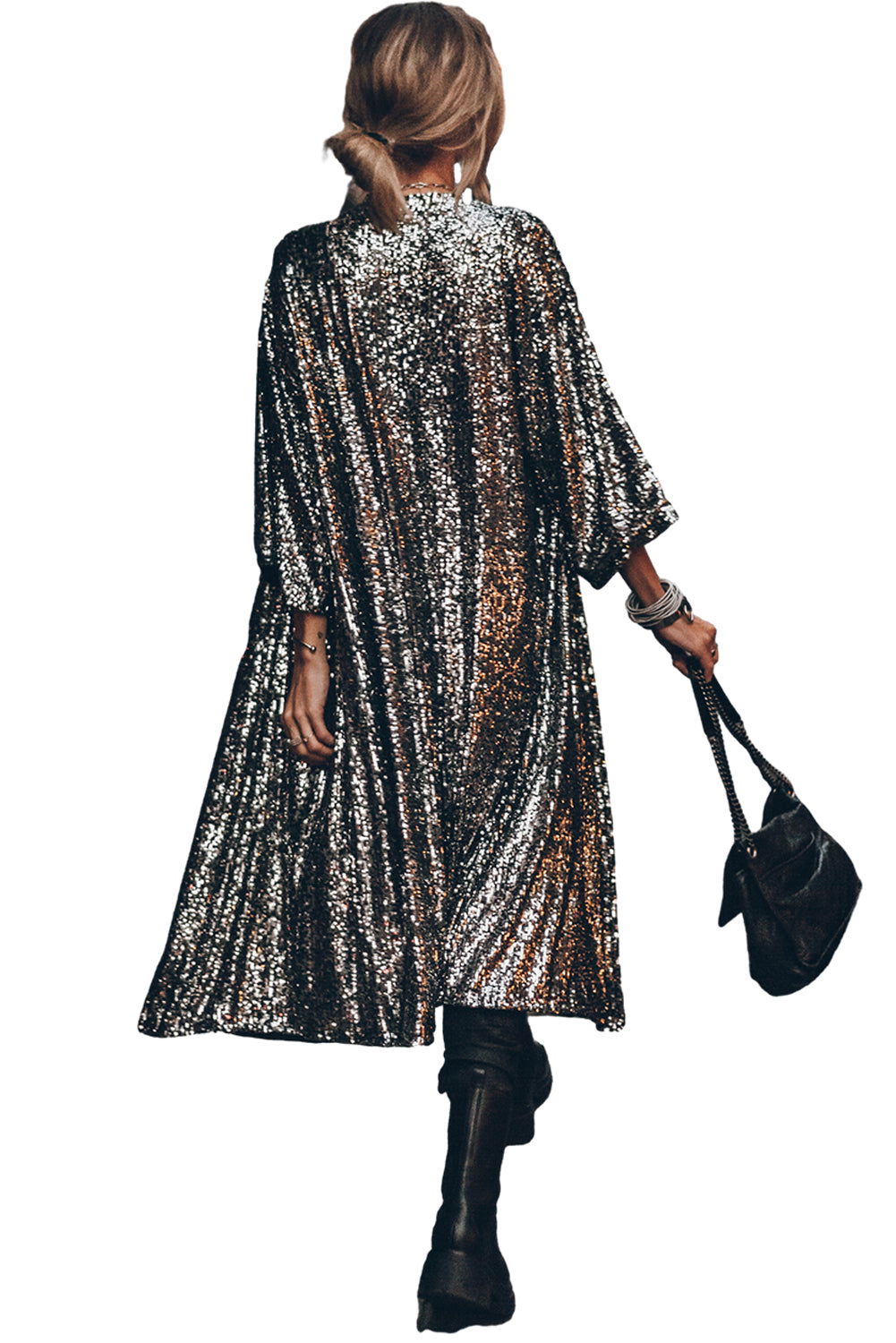 Silver Sequin Bracelet Sleeve Open Front Long Cardigan - Vesteeto