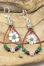 Silvery Leather Beaded Floral Dangle Earrings - Vesteeto