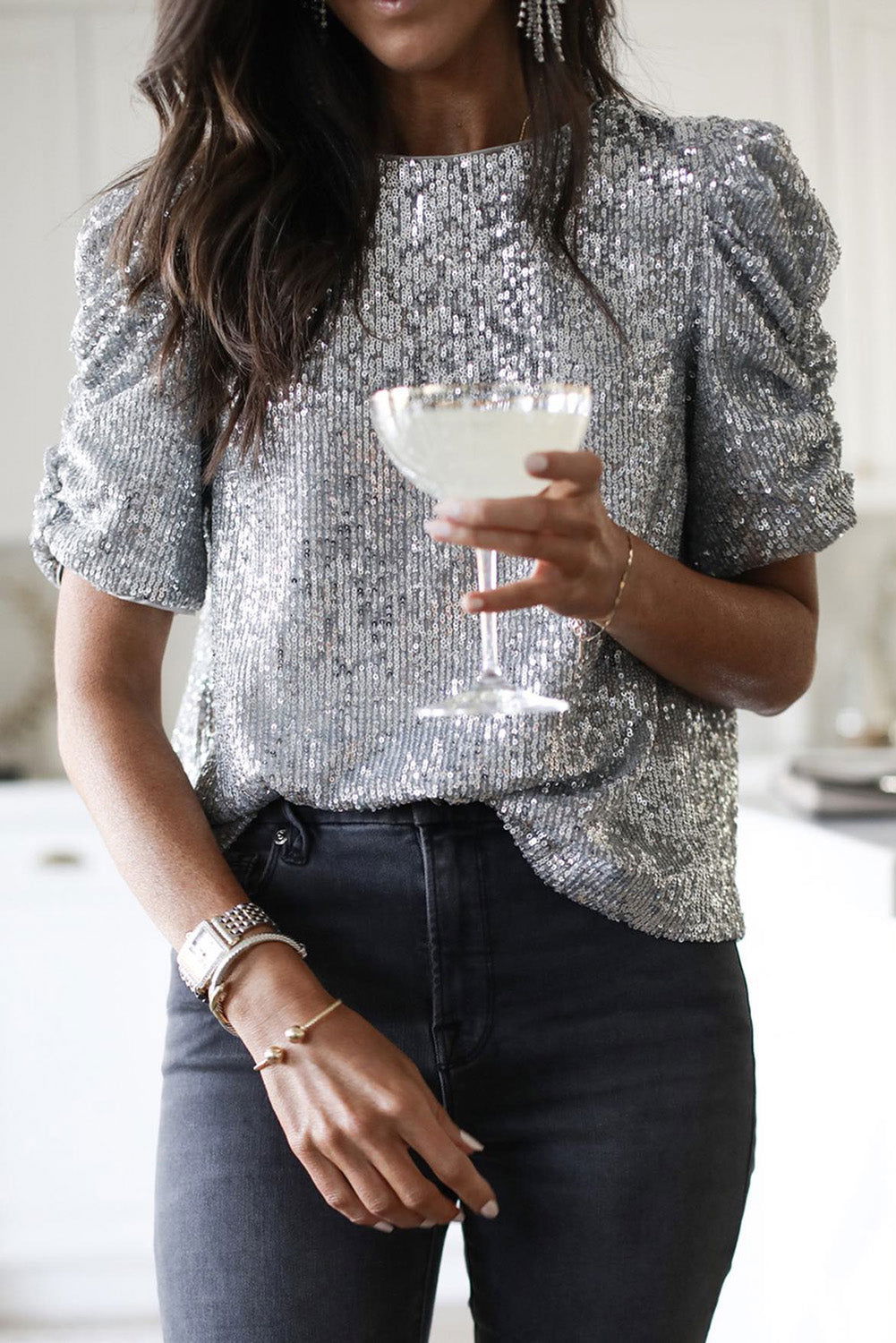 Silvery Ruched Puff Sleeve Sequins Short Sleeve Blouse - Vesteeto