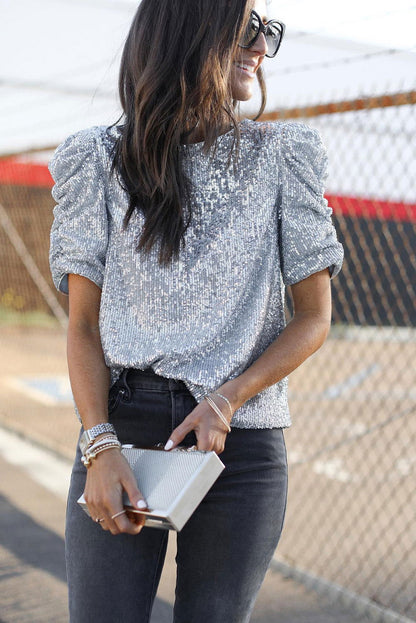 Silvery Ruched Puff Sleeve Sequins Short Sleeve Blouse - Vesteeto