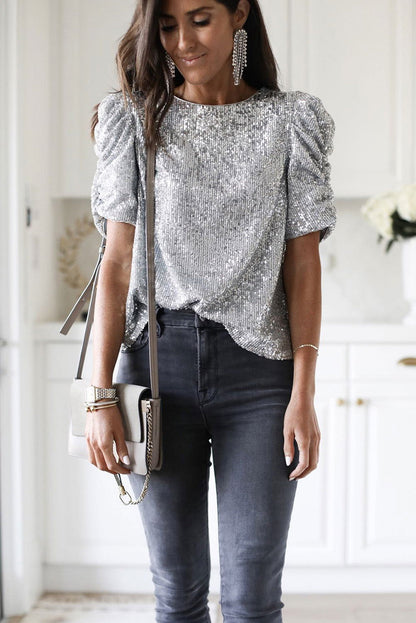 Silvery Ruched Puff Sleeve Sequins Short Sleeve Blouse - Vesteeto