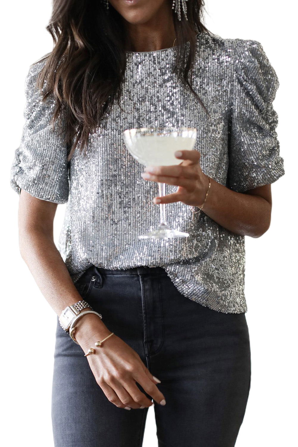 Silvery Ruched Puff Sleeve Sequins Short Sleeve Blouse - Vesteeto