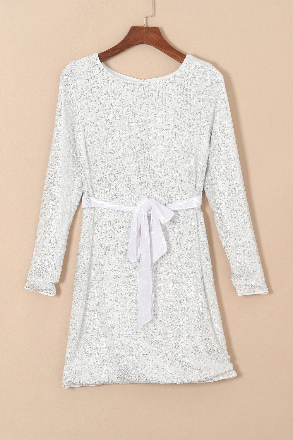 Silvery Sequin Long Sleeve Tie Waist Mini Dress - Vesteeto