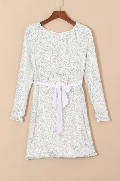 Silvery Sequin Long Sleeve Tie Waist Mini Dress - Vesteeto