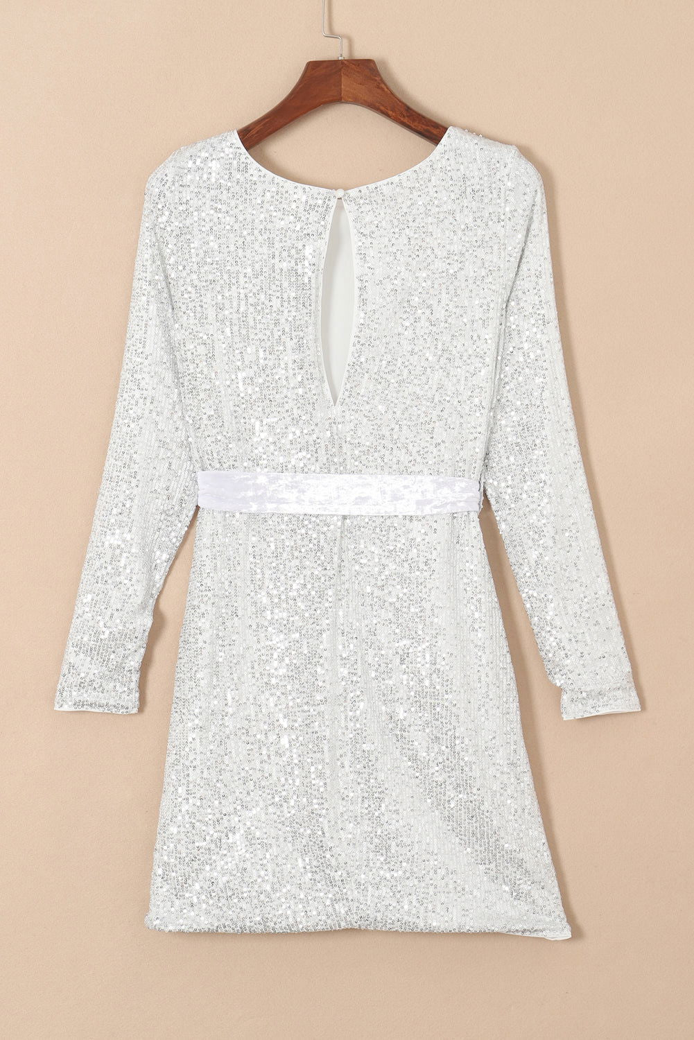 Silvery Sequin Long Sleeve Tie Waist Mini Dress - Vesteeto