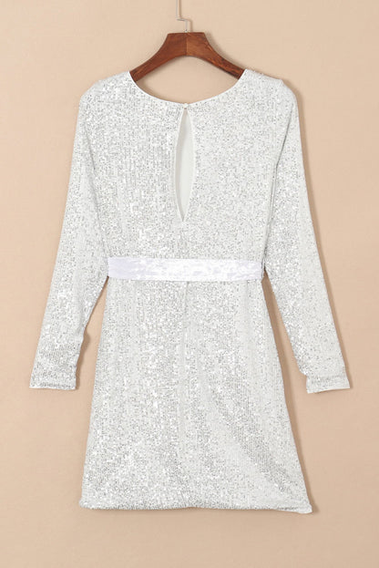 Silvery Sequin Long Sleeve Tie Waist Mini Dress - Vesteeto