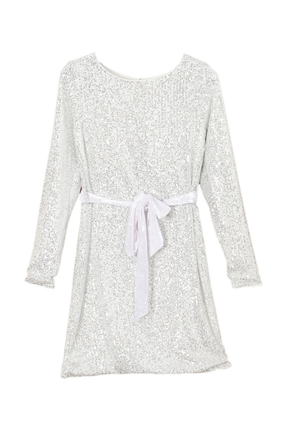 Silvery Sequin Long Sleeve Tie Waist Mini Dress - Vesteeto