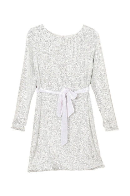 Silvery Sequin Long Sleeve Tie Waist Mini Dress - Vesteeto