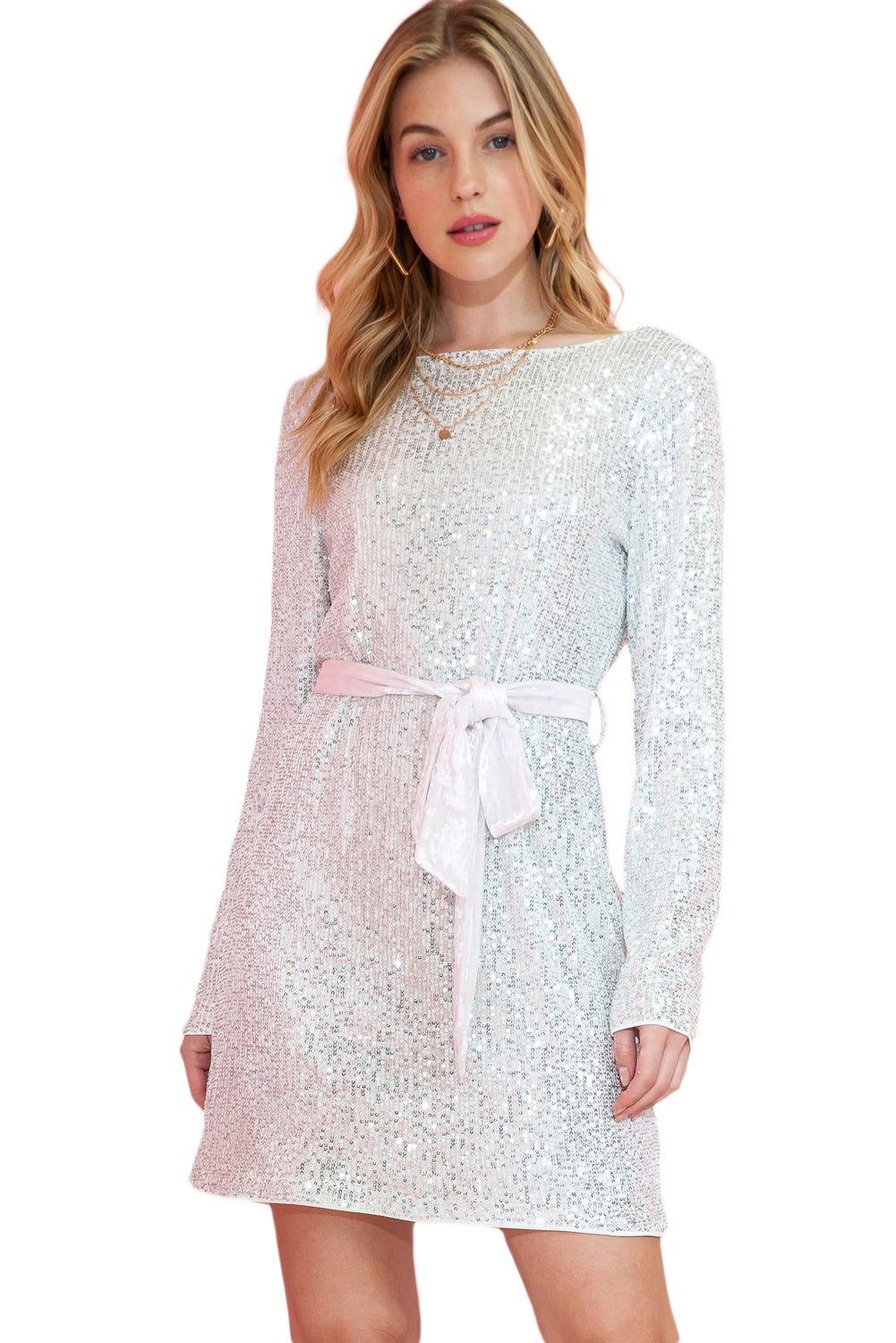 Silvery Sequin Long Sleeve Tie Waist Mini Dress - Vesteeto