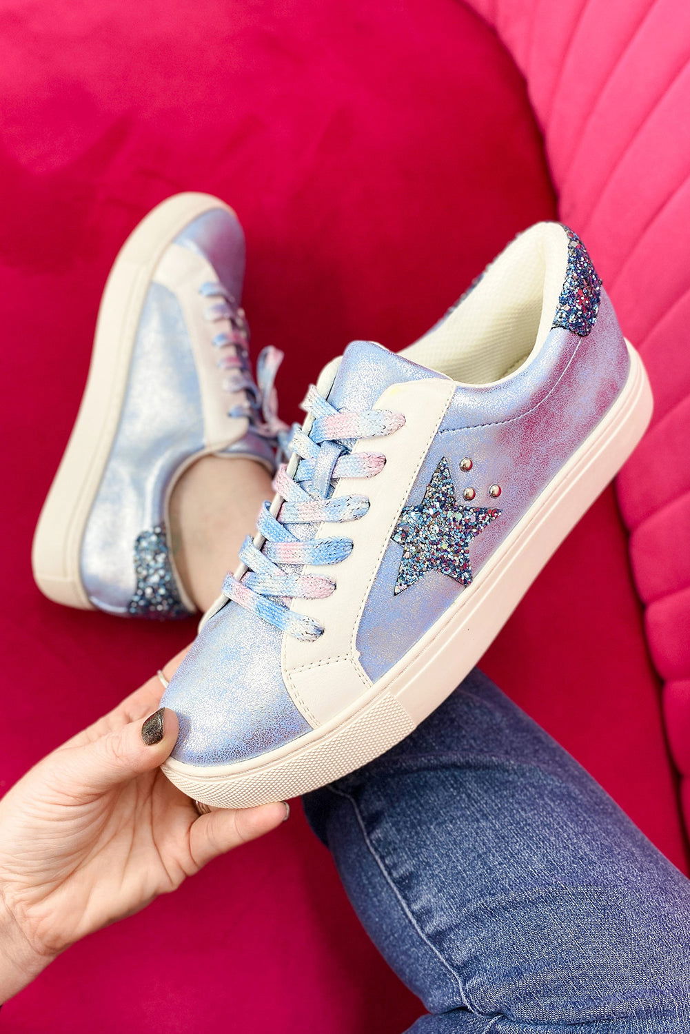 Silvery Star Sequin Patchwork Criss Cross Lace Up Sneakers - Vesteeto