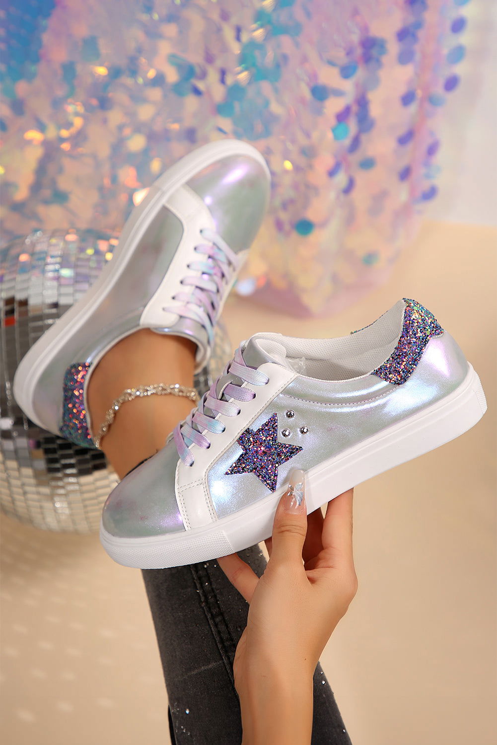 Silvery Star Sequin Patchwork Criss Cross Lace Up Sneakers - Vesteeto