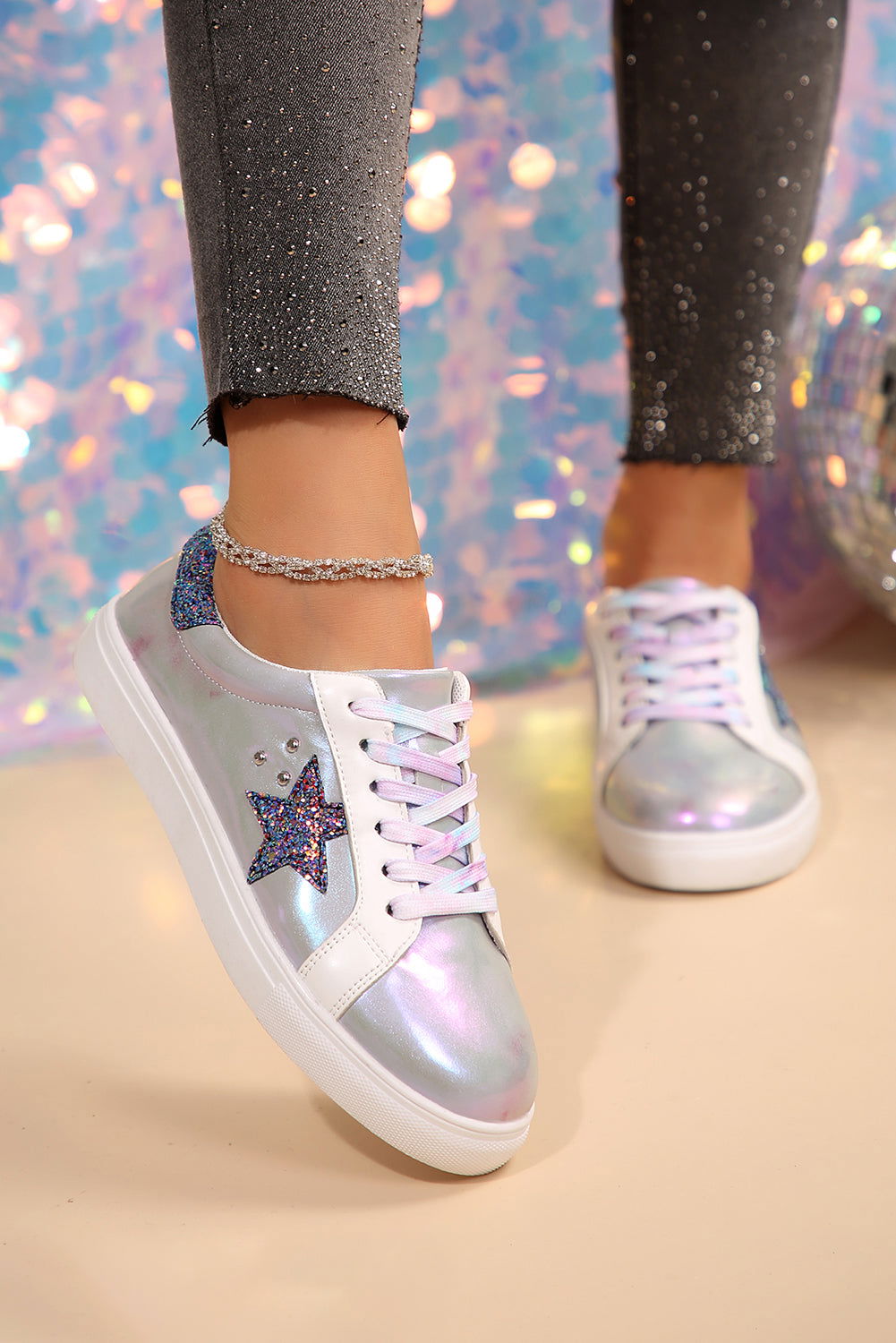 Silvery Star Sequin Patchwork Criss Cross Lace Up Sneakers - Vesteeto