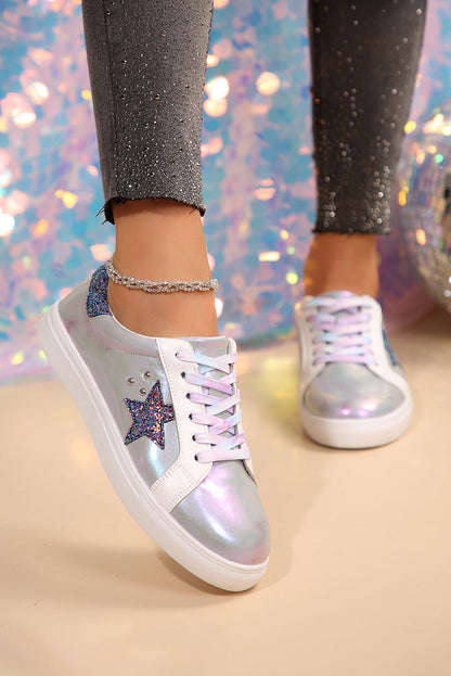 Silvery Star Sequin Patchwork Criss Cross Lace Up Sneakers - Vesteeto