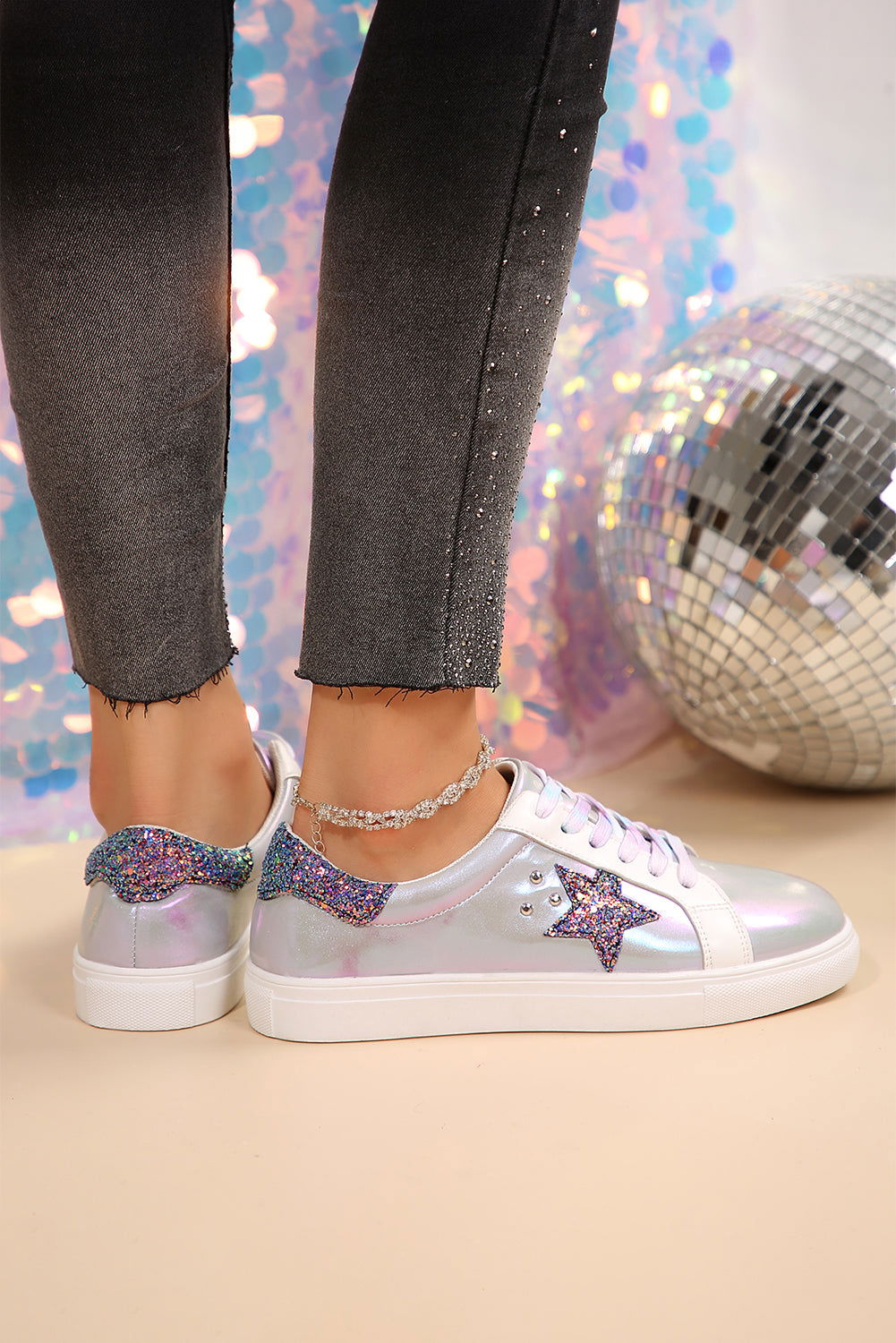 Silvery Star Sequin Patchwork Criss Cross Lace Up Sneakers - Vesteeto