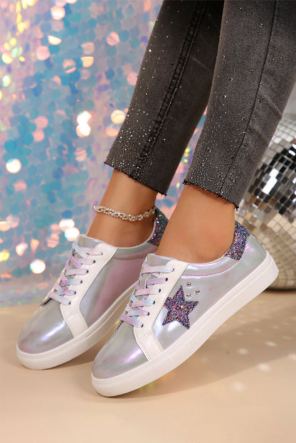 Silvery Star Sequin Patchwork Criss Cross Lace Up Sneakers - Vesteeto