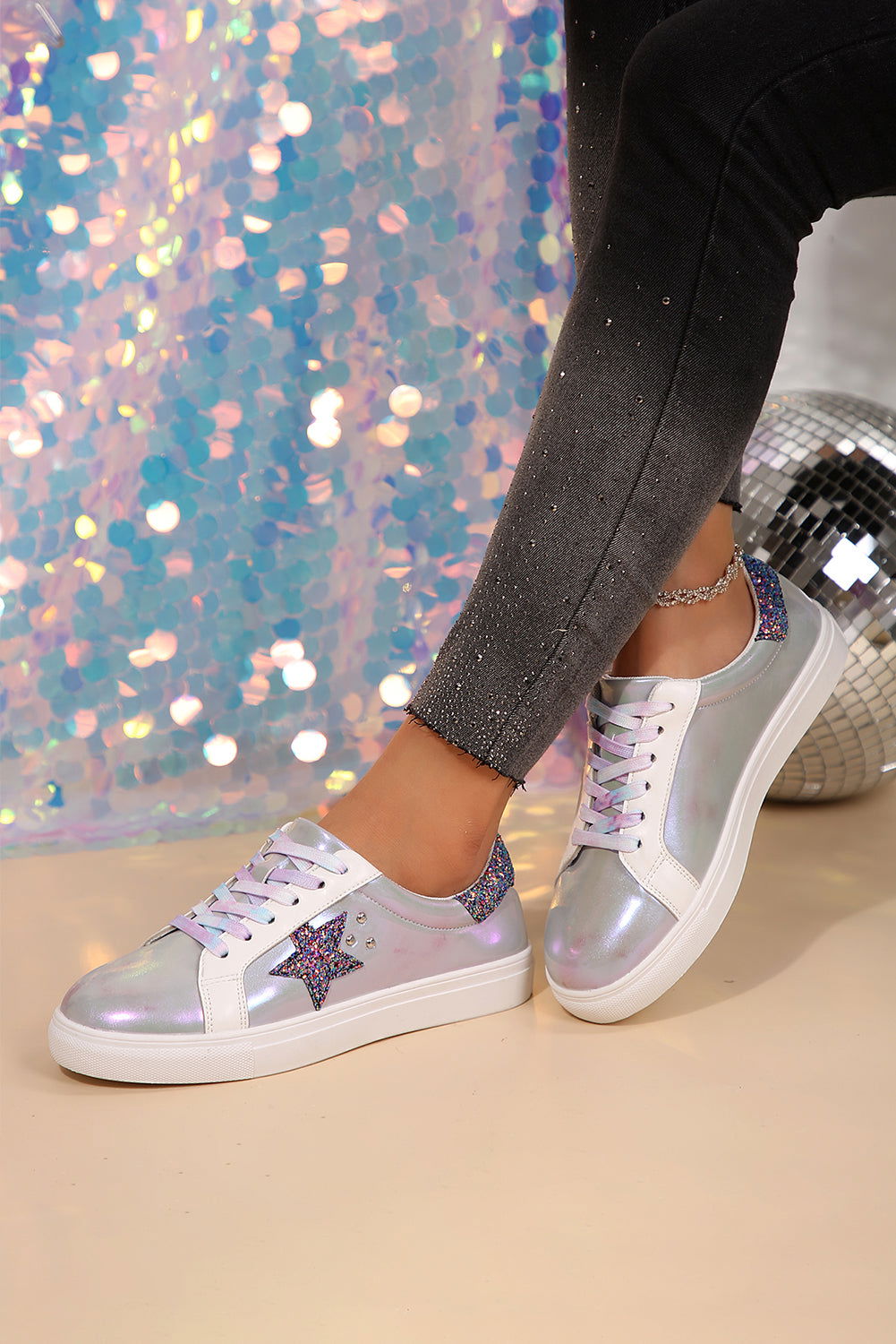 Silvery Star Sequin Patchwork Criss Cross Lace Up Sneakers - Vesteeto