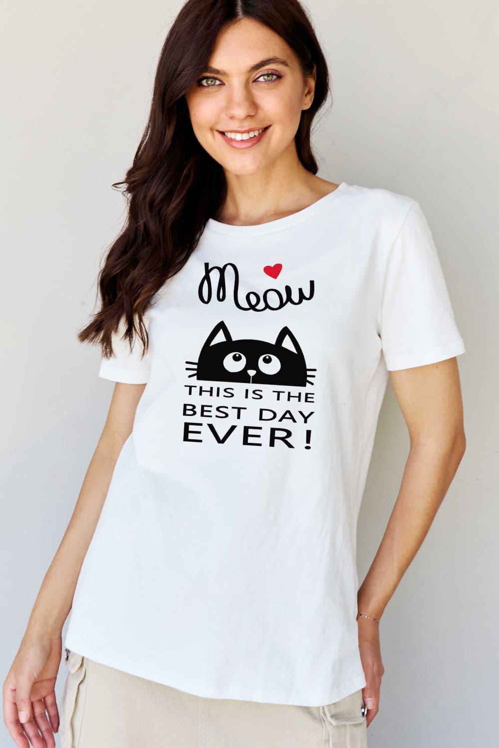 Simply Love Full Size MEOW THIS IS THE BEST DAY EVER! Graphic Cotton T-Shirt - Vesteeto