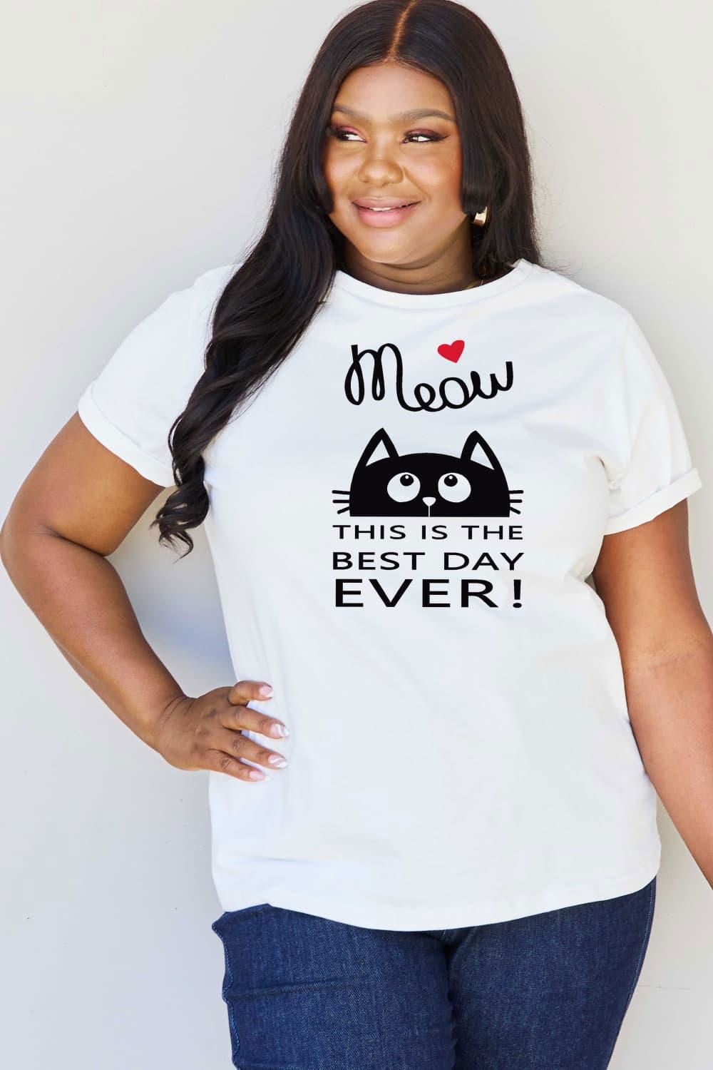 Simply Love Full Size MEOW THIS IS THE BEST DAY EVER! Graphic Cotton T-Shirt - Vesteeto