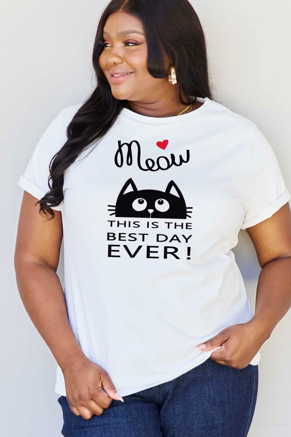 Simply Love Full Size MEOW THIS IS THE BEST DAY EVER! Graphic Cotton T-Shirt - Vesteeto