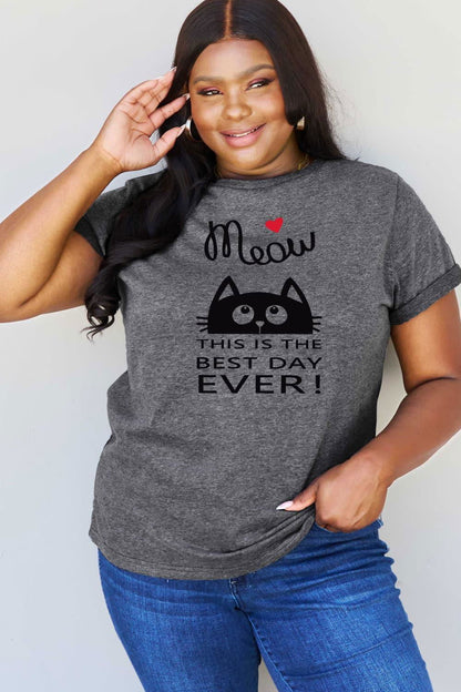 Simply Love Full Size MEOW THIS IS THE BEST DAY EVER! Graphic Cotton T-Shirt - Vesteeto