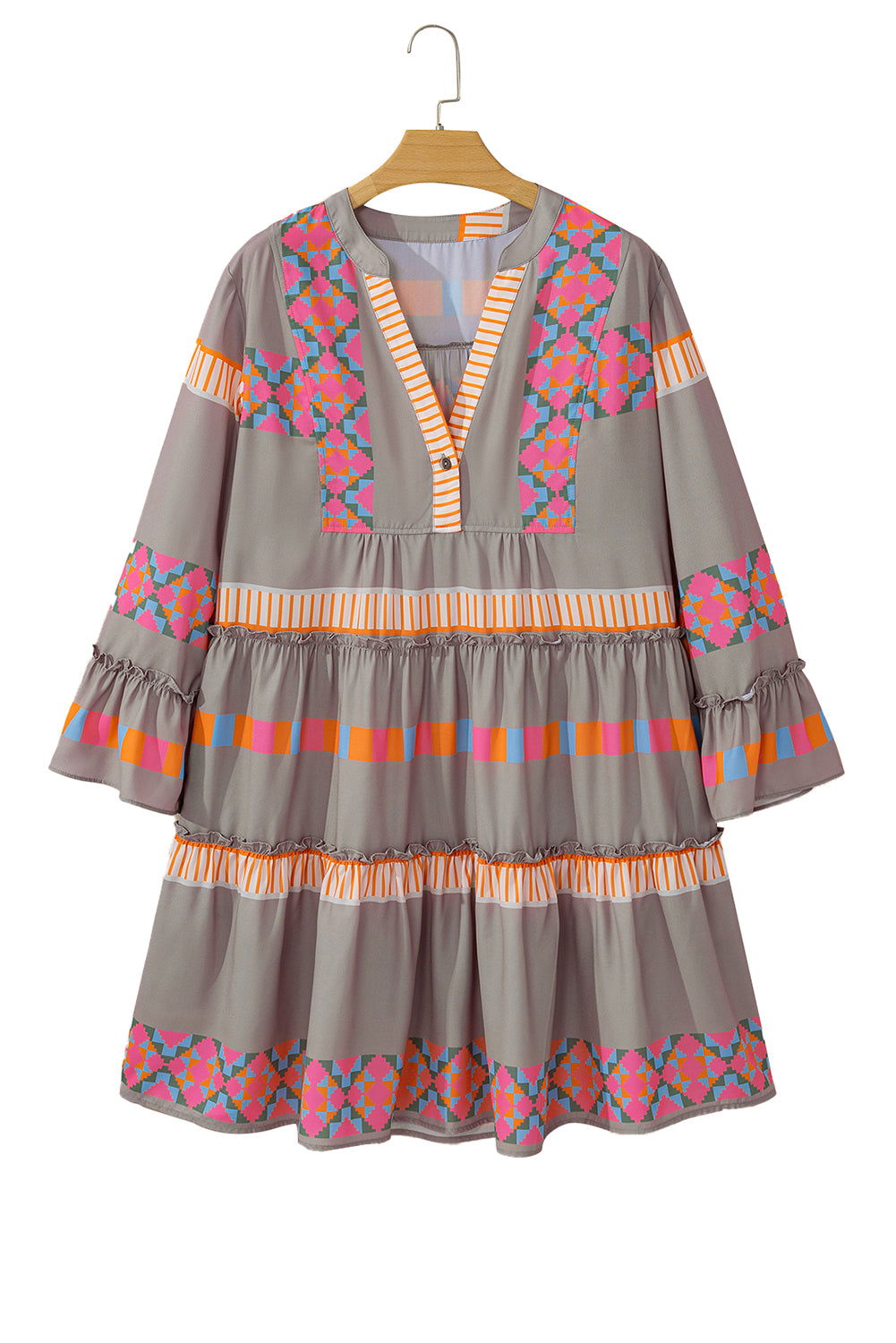 Simply Taupe Ethnic Geometric Print Ruffle Mini Dress - Vesteeto