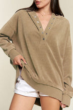 Simply Taupe Solid Ribbed Knit Buttoned Drop Shoulder Oversized Hoodie - Vesteeto