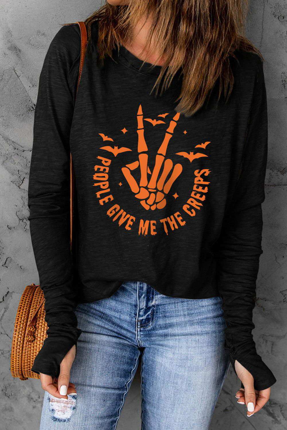 Skeleton Hand Graphic Long Sleeve T-Shirt - Vesteeto