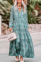 Sky Blue Bohemian Paisley Print Long Sleeve Tiered Maxi Dress - Vesteeto