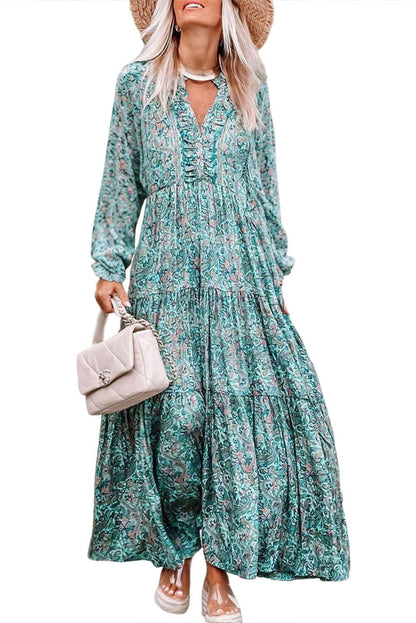 Sky Blue Bohemian Paisley Print Long Sleeve Tiered Maxi Dress - Vesteeto