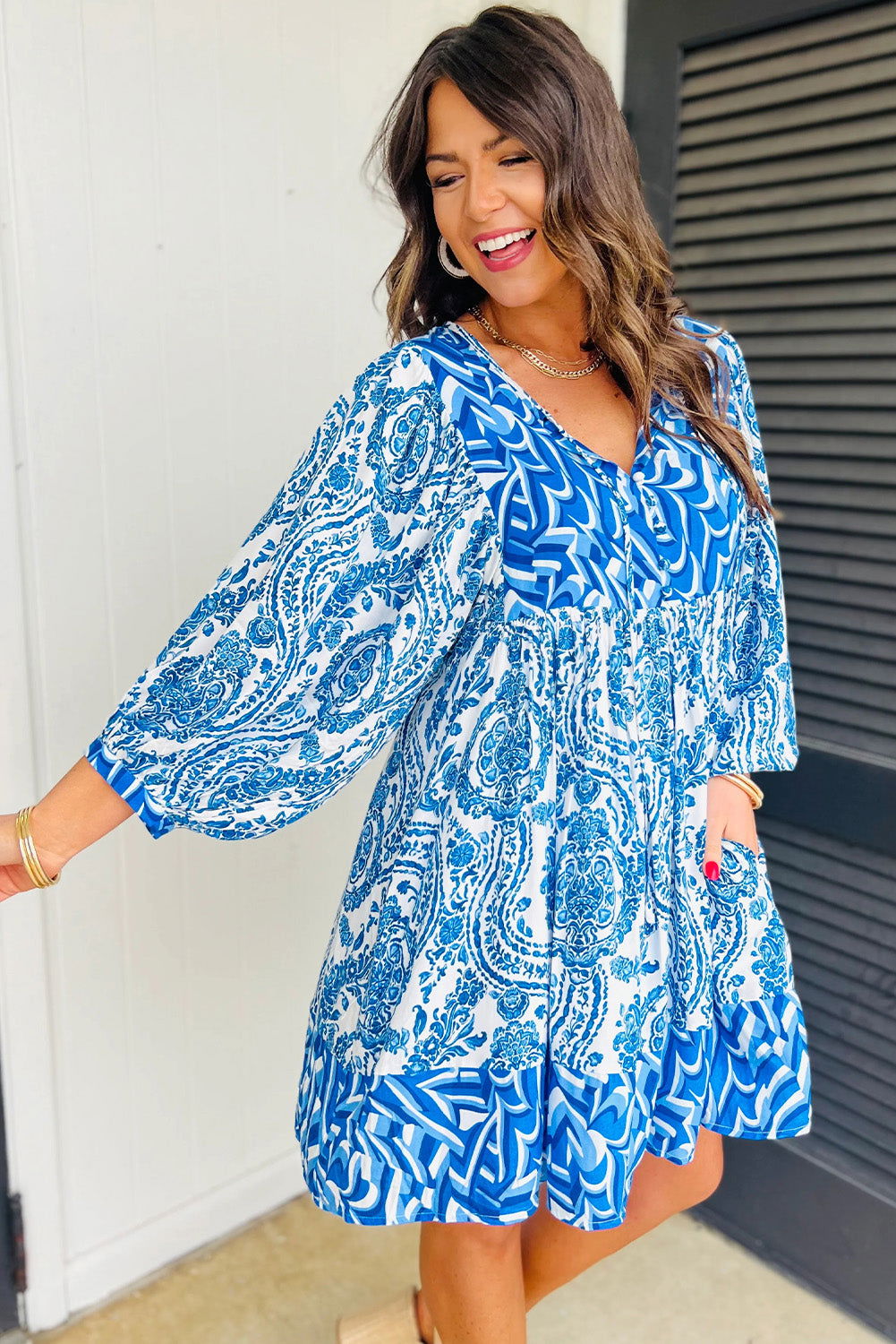 Sky Blue Bohemian Print Lantern Sleeve V Neck Flared Mini Dress - Vesteeto