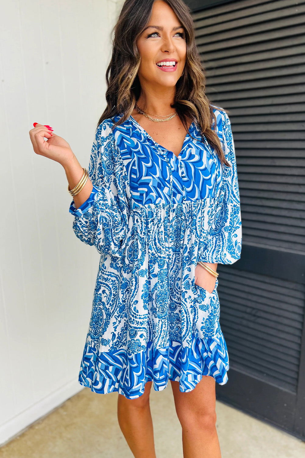 Sky Blue Bohemian Print Lantern Sleeve V Neck Flared Mini Dress - Vesteeto