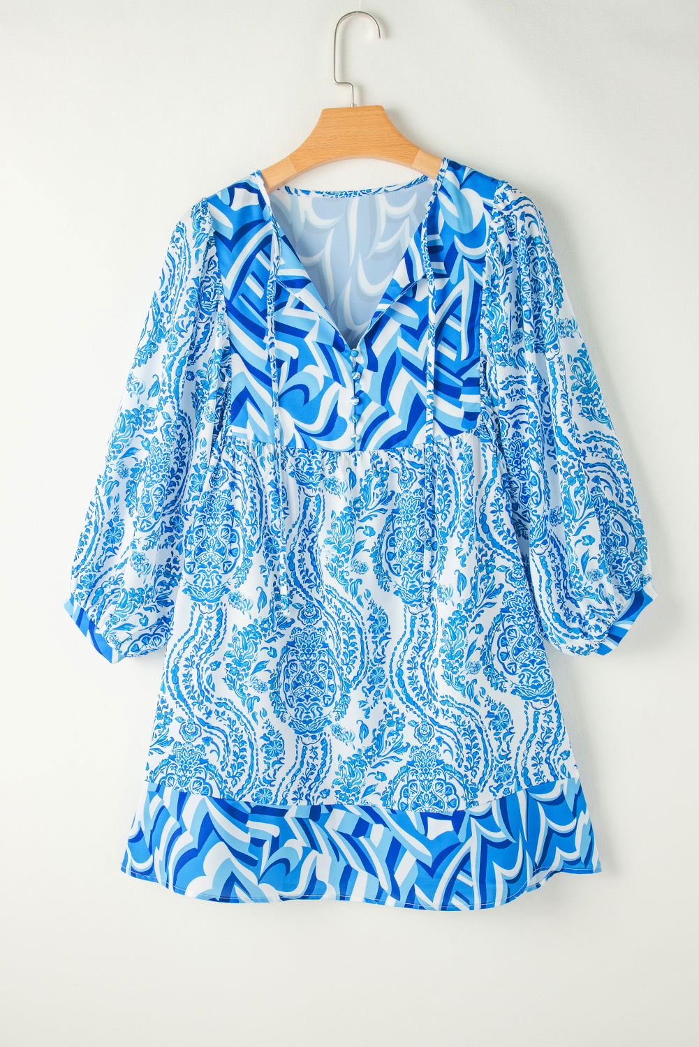 Sky Blue Bohemian Print Lantern Sleeve V Neck Flared Mini Dress - Vesteeto