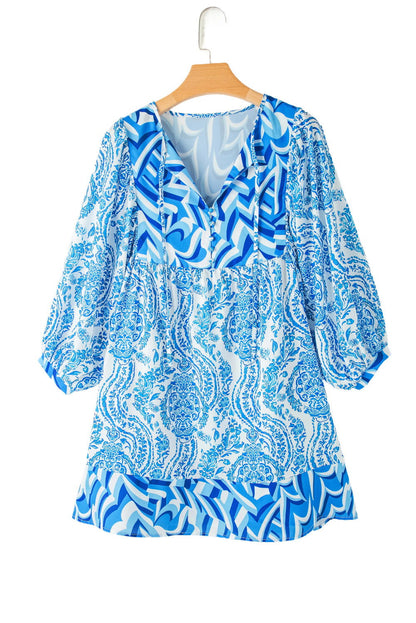 Sky Blue Bohemian Print Lantern Sleeve V Neck Flared Mini Dress - Vesteeto