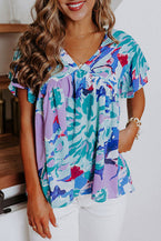 Sky Blue Boho Abstract Print V Neck Flutter Sleeve Blouse - Vesteeto