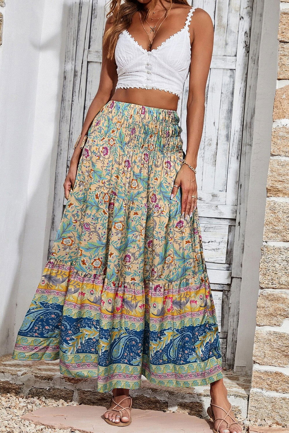 Sky Blue Boho Floral & Paisley Print Shirred Waist Long Skirt - Vesteeto