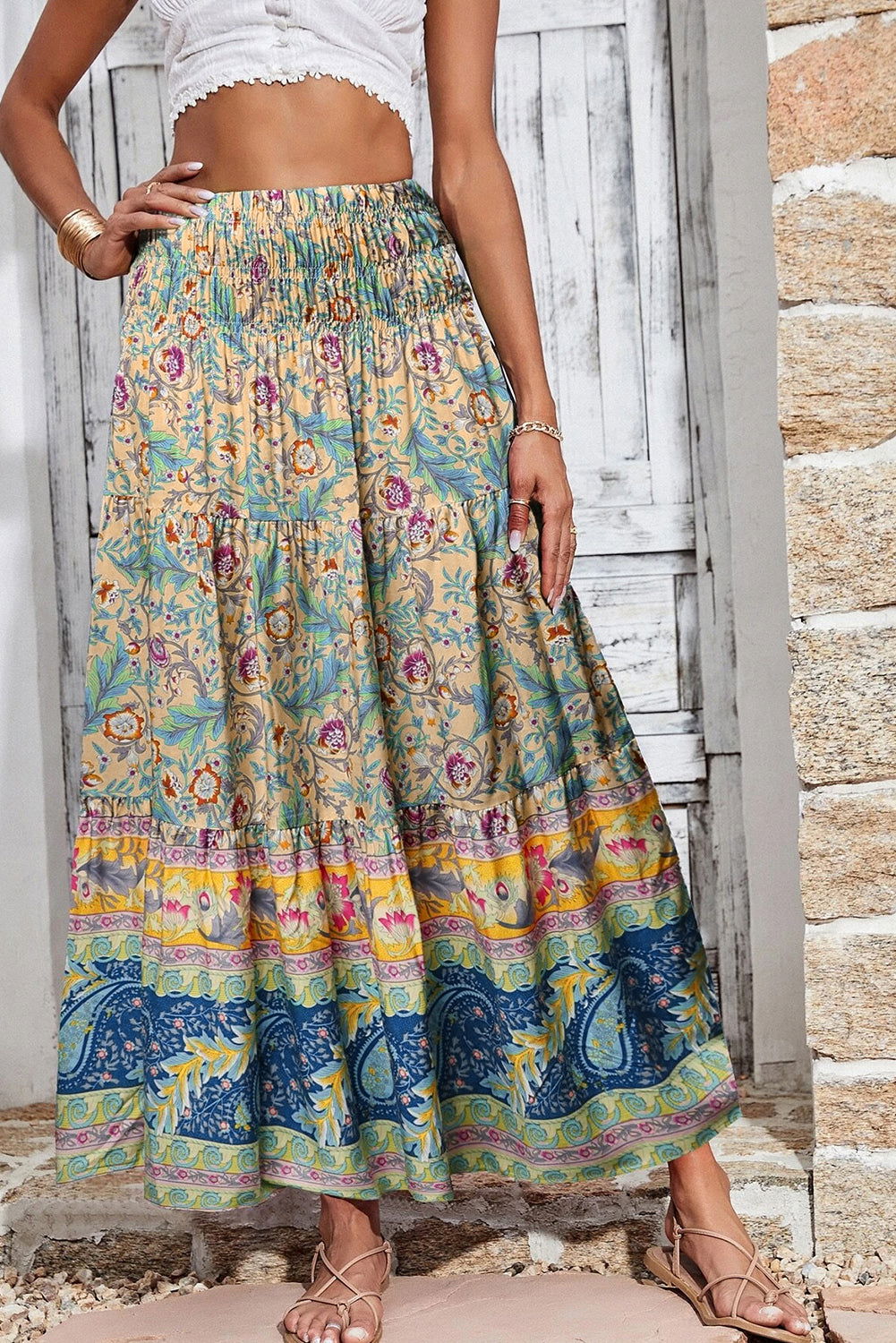 Sky Blue Boho Floral & Paisley Print Shirred Waist Long Skirt - Vesteeto