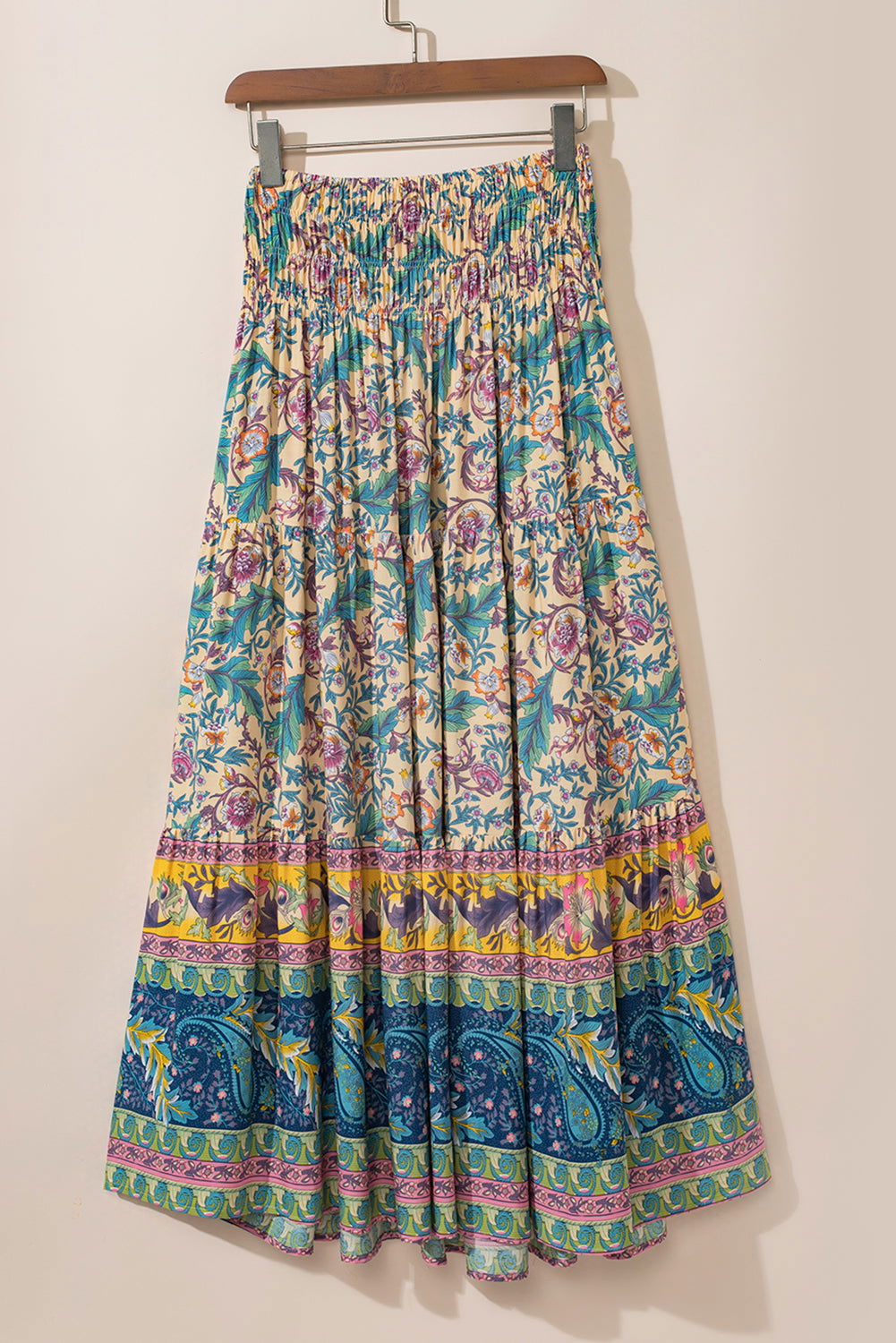 Sky Blue Boho Floral & Paisley Print Shirred Waist Long Skirt - Vesteeto