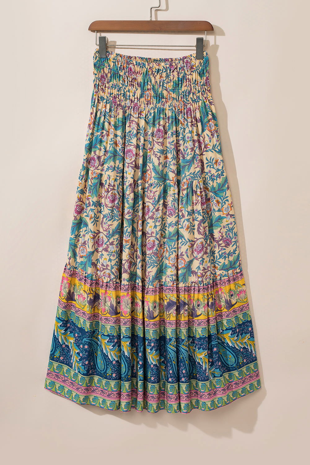 Sky Blue Boho Floral & Paisley Print Shirred Waist Long Skirt - Vesteeto