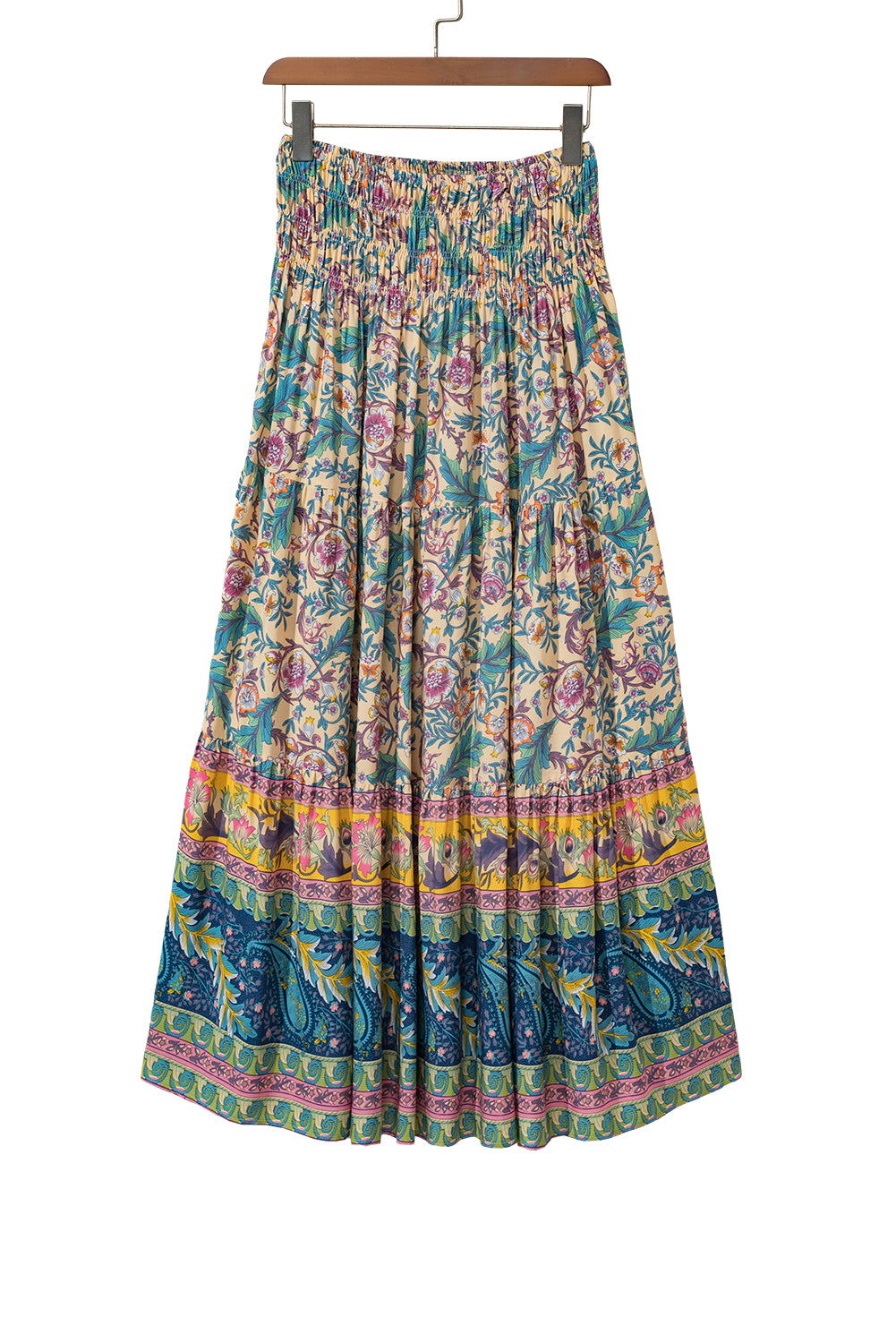 Sky Blue Boho Floral & Paisley Print Shirred Waist Long Skirt - Vesteeto