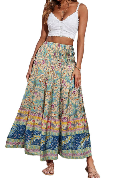 Sky Blue Boho Floral & Paisley Print Shirred Waist Long Skirt - Vesteeto