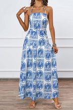 Sky Blue Boho Print Halter Beach Maxi Dress - Vesteeto