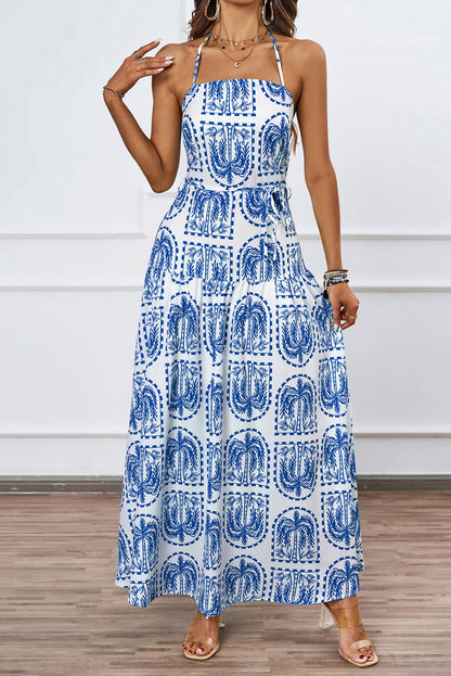 Sky Blue Boho Print Halter Beach Maxi Dress - Vesteeto