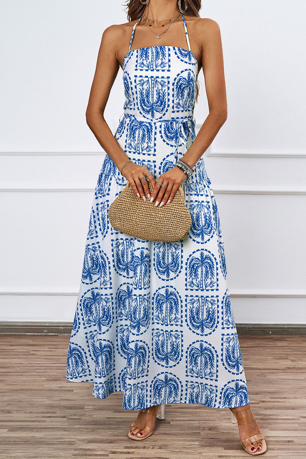 Sky Blue Boho Print Halter Beach Maxi Dress - Vesteeto