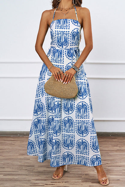 Sky Blue Boho Print Halter Beach Maxi Dress - Vesteeto